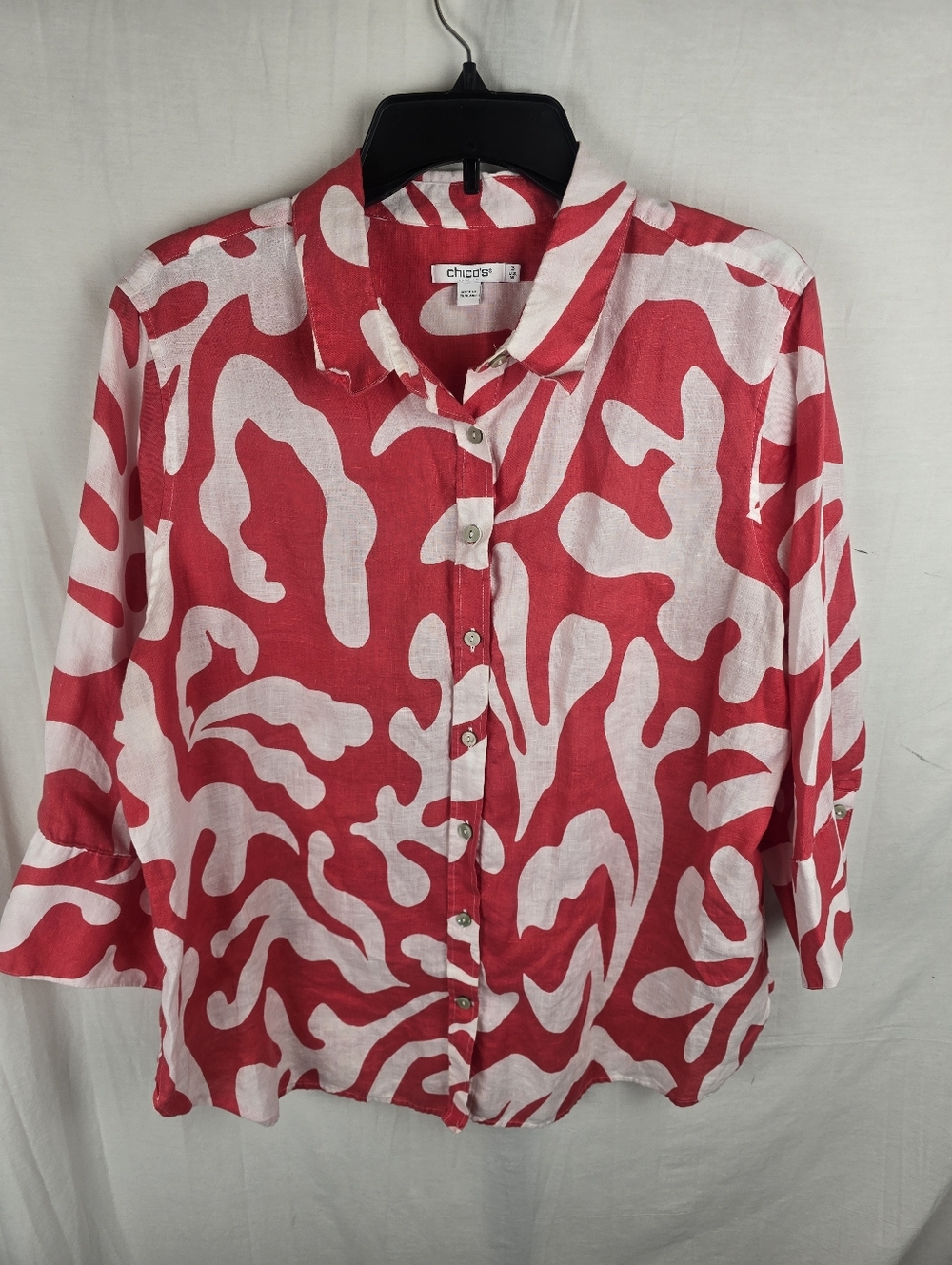Chico's Red & White Abstract Print Linen Button-Up 3/4 Sleeve Shirt Chico's 3 XL